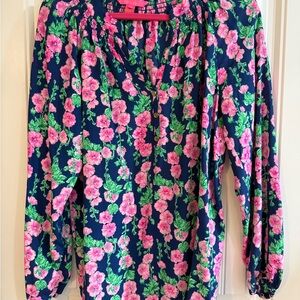 Lilly Pulitzer Floral Pink and Blue Elsa Silk Blouse - EUC